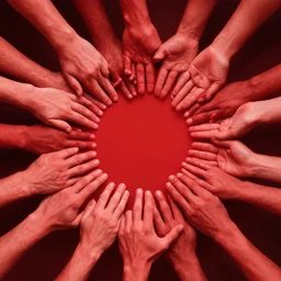 a red person stylized is being indicated by many hands. curcular composition
