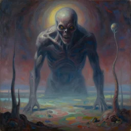 painting of creepy unsettling terrifying distant far otherworldly massive being staring directly into the camera in an alien landscape, abstract art, surreal, horror, body horror, retrofuturism, traditional art, 4k, ultra hd, detailed, digital art