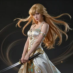 dslr photo of beautiful erza scarlet wearing a elegant dress, standing holding a katana that is very detailed, portrait photo, real photo, real camera, extreme detailed face and body, high quality, moody lighting, fast paced lines, sharp quality, enchanting lighting, 8 k, art by alphonse mucha and greg rutkowski