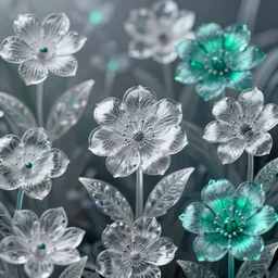 garden full of translucent diverse flowers, soft lighting, silver and emerald blue color scheme, by ernst haeckel, futuristic aesthetic, intricate details, highly detailed