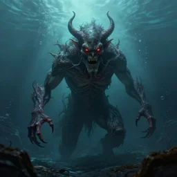 a angry cthulhu demon underwater, eerie, dark, foggy, digital art,