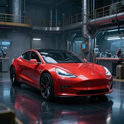 a photo of a futuristic science fiction tesla car on a reflective black floor in a industrial diesel punk scientific research laboratory, hyper detailed, smooth, high contrast, volumetric lighting, octane, jim lee, craig mullins, vibrant rich deep color