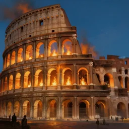 colosseum burning nero's fire, cinematic angle, studio ghibli, cinematic lighting, detailed oil painting, hyperrealistic, 8 k