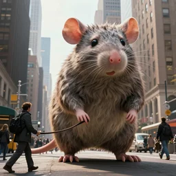 Stunning Hyperealistic portrait of Giant Dishonored enormous furry rats walking humans on a leash in the city of New York.