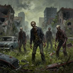 a horror painting of zombies in a post - apocalyptic destroyed cityscape reclaimed by nature old cars