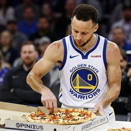 Stephen Curry wearing a Golden State Warriors jersey making a pizza with Lionel Messi