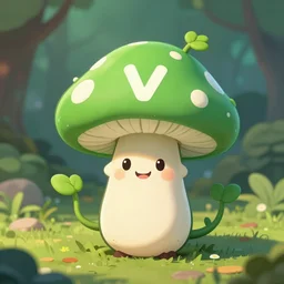 a smiling cartoon green mushroom with a letter'v'on the hat, vineshroom