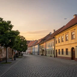 a beautiful hyper realistic photo of banska stiavnica in summer, cobblestone pavement, with old houses and few trees in sunset, sky, ufo in sky, v - ray, octane render, unreal engine, by greg rutkowski and james gurney, artstation
