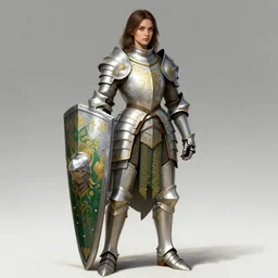 full body portrait of a female warrior medium length brown hair and a very highly detailed face wearing elegant white, green and gold plate mail armor intricately painted, holding a rectangular tower shield, very highly detailed, artstation, cgsociety, realistic character concept art, sharp focus, by greg rutkowski, wlop, and alphonse mucha