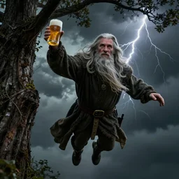 gandalf flying on a whole tree in the sky holding a beer during a thunderstorm, detailed face, close up, hyperrealistic, dark colors, low contrast,