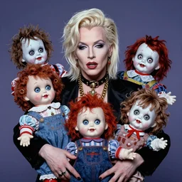 a colorful portrait photograph of marilyn manson with creepy cursed dolls, in 1 9 9 0 s, studio light photography, high definition, 8 k, taken by alex webb