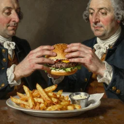 view of man exchange hamburger with french fried, dutch masters, 1 8 th century. oil on canvas. juicy, fresh, delicious, mouth - watering