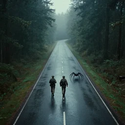 drone footage of soldier and arachnoid from starship troopers movie on the old road in the forest lomography photo, playstation 5 screenshot, fine details, rain, rtx reflections, fog, night, photorealistic, unreal engine, octane render, volumetric light, featured on cg society, 4 k, 5 0 mm bokeh