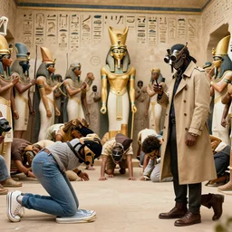 Hieroglyphs presenting an Egyptian crowd prosterning in front of an Cleopatra, there is one western modern guy wearing a jean, sneakers, trenchcoat and a steampunk mask among them.