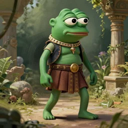 pepe meme, dynamic brush strokes, linear gamma, dynamic, natural light, costume design made by pepe, sophisticated composition, old masters light composition, procedural, epic pepe posing conceptart, ancient pepe garden behind, substancedesigner, pbr, ultra detailed, hyperrealistic, megascans, volumetric light, concept master, painttoolsai, final, gain