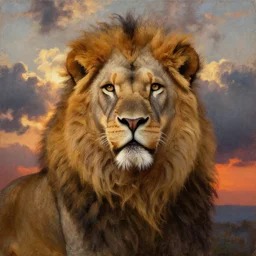 lion warrior , very textured detailed oil painting panoramic portrait by rembrandt, backlight, dramatic clouds ,sunset
