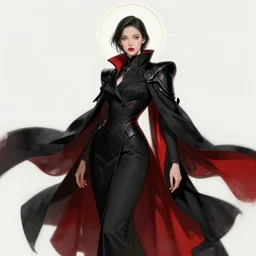 detailed portrait of beautiful lady in black coat, seductive confident pose, attractive feminine curves, intricate, futuristic, elegant cape, elegant, white, red, black, photorealism, trending on artstation, holy halo, advanced technology, art by moebius and vitaly bulgarov and chanthara