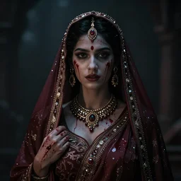 beautiful Hindu queen of the dark with veil, in darkness, cover with blood, horror terrifying, soft light, surreal realistic, photorealistic, hyper details, full HD, 8k!