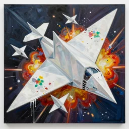 acrylic and spraypaint action portrait of giant origami space fleet battling in space, exploded parts assembly, explosions, graffiti wildstyle, large brush strokes, painting, paint drips, acrylic, clear shapes, spraypaint, smeared flowers, large triangular shapes, painting by totem 2, jeremy mann, ashley wood, masterpiece