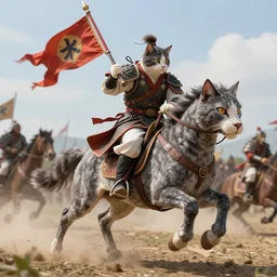 a piebald warrior cat riding a large striped gray cat steed galloping into battle he holds the reigns with one paw and a battle flag with the other