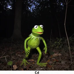 scary trailcam photo of kermit the frog at night walking in the forest. blury. obscurity. flash