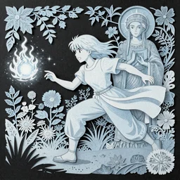 breathtaking detailed concept art painting of smiling hapa sorceress wearing trousers chasing will-o-wisps casting a fireball in a garden, orthodox saint, with anxious, piercing eyes, ornate background, amalgamation of leaves and flowers, by Hsiao-Ron Cheng, James jean, Miho Hirano, Hayao Miyazaki, extremely moody lighting, Black paper, cut paper texture, Full of light-blue and silver and white layers, 8K