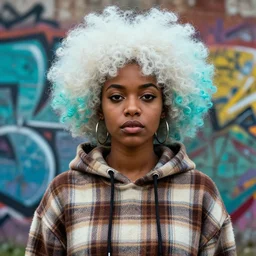 highly detailed portrait of a sewer punk african lady, tartan hoody, white afro hair by atey ghailan, by greg rutkowski, by greg tocchini, by james gilleard, by joe fenton, by kaethe butcher, gradient cyan, brown, blonde cream and white color scheme, grunge aesthetic!!! ( ( graffiti tag wall background ) )