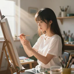 medium sensor, 88mm lense , depth of field, rim lights, anime, advanced digital art, soft blur, girl painting in a room filled with art supplies, sun rays coming in through a window on the left in the style of RossDraws. —n 6