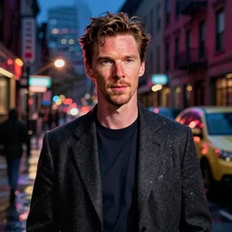 night flash portrait photography of benedict cumberbatch on the lower east side by annie leibovitz, raining!! nighttime!, colorful!,