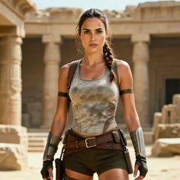 a photo realistic portrait of gal gadot in tomb raider outfit background of a ruin temple, cinematic,, photography, 4 k, hdr, epic, high detail, volumetric lighting
