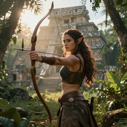 Portrait of a female elven archer in the jungle exploring a Mayan temple at sunrise.