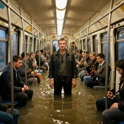Photo from the inside of a heavily flooded the metro wagon, in the center of the frame stands one calm man up to his chest in water and looks at the camera. Warm lighting, color photo, USSR, extremely detailed, 8k, colorful, 85mm