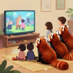 a family of red pandas watching tv, extremely detailed, sharp focus, wide view, full body shot, smooth, digital illustration, by james jean, by rossdraws, frank franzzeta, mcbess, sakimichan, brosmin, danton fadeev, steve simpson