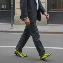 A painting of a man with frog feet, walking down the street, photorealistic
