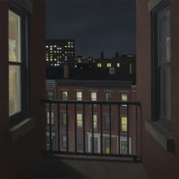 muted color ultra realistic painting of a balcony view of 1 9 2 5 boston downtown at night, looking like dr strange mirror dimension, dark, brooding, night, atmospheric, ultra - realistic, smooth, highly detailed in the style of clyde caldwell