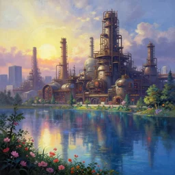 a beautiful very detailed painting of city entrie industrial architecture by thomas kinkade, morning sun dramatic lighting lake cgsociety alien water at night sci - fi at dawn flowers dieselpunk wilderness tokyo thermal imaging anime sea, archdaily, wallpaper, highly detailed, trending on artstation.