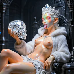 photo of baroque and bladerunner delicate neon diamond sculpture of ceramic albino king diego barrueco seductive delicious lip licking, creamy orange iridescent humanoid deity wearing white fluffy hoody holding diamond skull in a black metallic dungeon, reclining, glowing rainbow face, crown of white diamonds, cinematic lighting, photorealistic, octane render 8 k depth of field 3 d