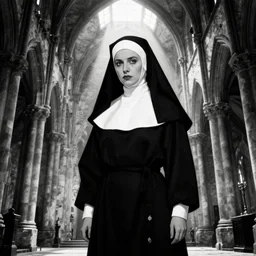 A drawing of a nun in a ruined cathedral, bathed in the light of a skylight. Film Noir. High Contrast. Black and White.