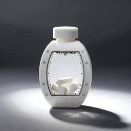a richard mille liquid dietary supplement in a round bottle, refined, simple, pure, white