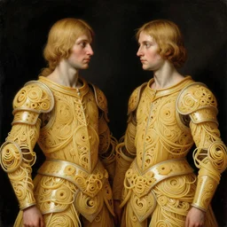 siamese twins made of spaghetti, intricate and elegant armor made of fractals of spagetthi, highly detailed, by giuseppe arcimboldo and ambrosius benson, renaissance, romanticism, intricate and intense oil paint, a touch of beksinski and takato yamamoto, realistic