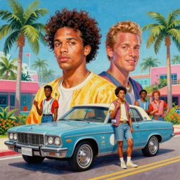 a mixed media portrait painting of crockett and tubbs, detailed facial features, car, palm trees, miami vice eighties, by frank frazetta, greg rutkowski, beeple, yoko taro, christian macnevin, beeple, wlop and krenz cushart, epic fantasy character art, volumetric indoor lighting, midday, high fantasy, cgsociety, cheerful colours, full length, exquisite detail, post - processing, masterpiece, cinematic