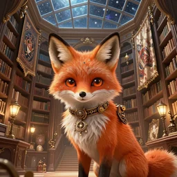 cute steampunk fox with a polygonal library walls and glass ceilings showing the stars and hanging silk drapery and tapestries, light dust, magnificent, close up, details, sharp focus, elegant, highly detailed, illustration, by Jordan Grimmer and greg rutkowski and PiNe(パイネ) and 薯子Imoko and 香川悠作 and wlop and maya takamura, intricate, beautiful, Trending artstation, pixiv, digital Art