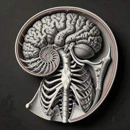hyper-detailed antique medical illustration of Kaiju head crosssection, nautilus brain, ribcage, xenomorph, symmetrical