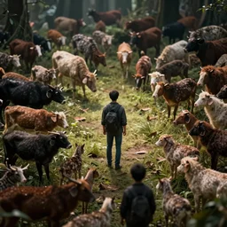 totally in an overpopulated biodiversities an isolated human is surrounded by others, full colour, hyper realistic photo, chiaroscuro, shallow depth of field, volumetric lighting, upscale, 8 k, masterpiece,