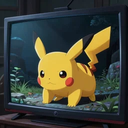 Pikachu slowly crawling out of a TV screen in a horror setting