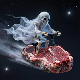 a ghost driving a meat coated skeleton made from stardust, riding a rock, hurtling through space