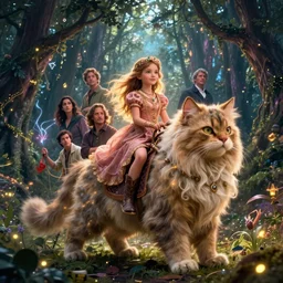 portrait of wondrous little mila kunis mounted on a large fluffy cat warrior through mystical mythical elven forest, fireflies, electricity, wlop, steve argyle, ilya kuvshinov, ralph horsley, rossdraw, mark ryden, daniel f. gerhartz, sophie anderson, lilia alvarado, tom chambers