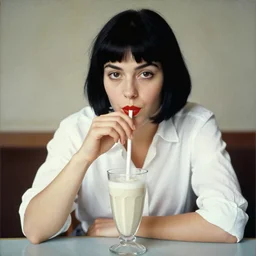 a painting of a Daisy Ridley with red lipstick and black bob with fringe, wearing a white shirt, seated at a table, drinking a milkshake with a straw, by A.M. Cassandre, medium format photography, Hasselblad, film