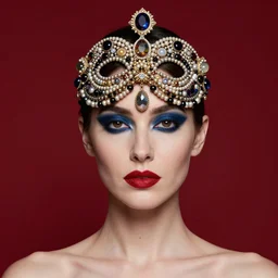 an 8 0 s portrait of a woman with dark blue eye shadow and red lips with dark slicked back hair, a mask of beads and jewels hanging from a crown by serge lutens, rolf armstrong, delphin enjolras, peter elson, background of classic red cloth