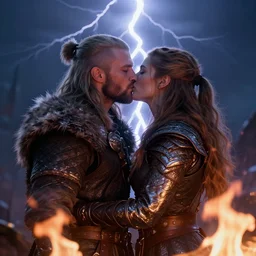 the last kiss, lightning in background, fire in foreground, hd, shiny, unreal engine 5, viking